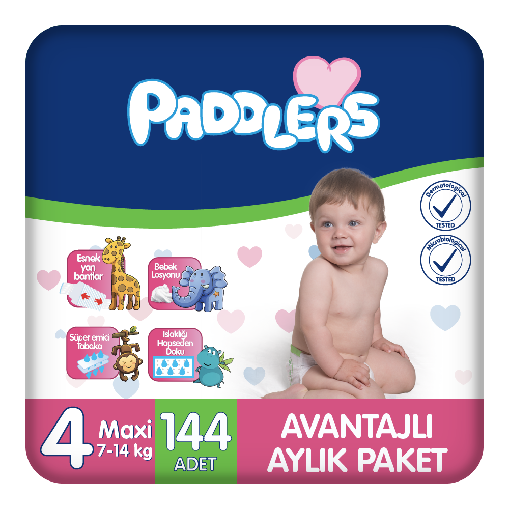 Paddlers Bebek Bezi 4 Numara Maxi 144 Adet (7-14 Kg) Aylık Paket