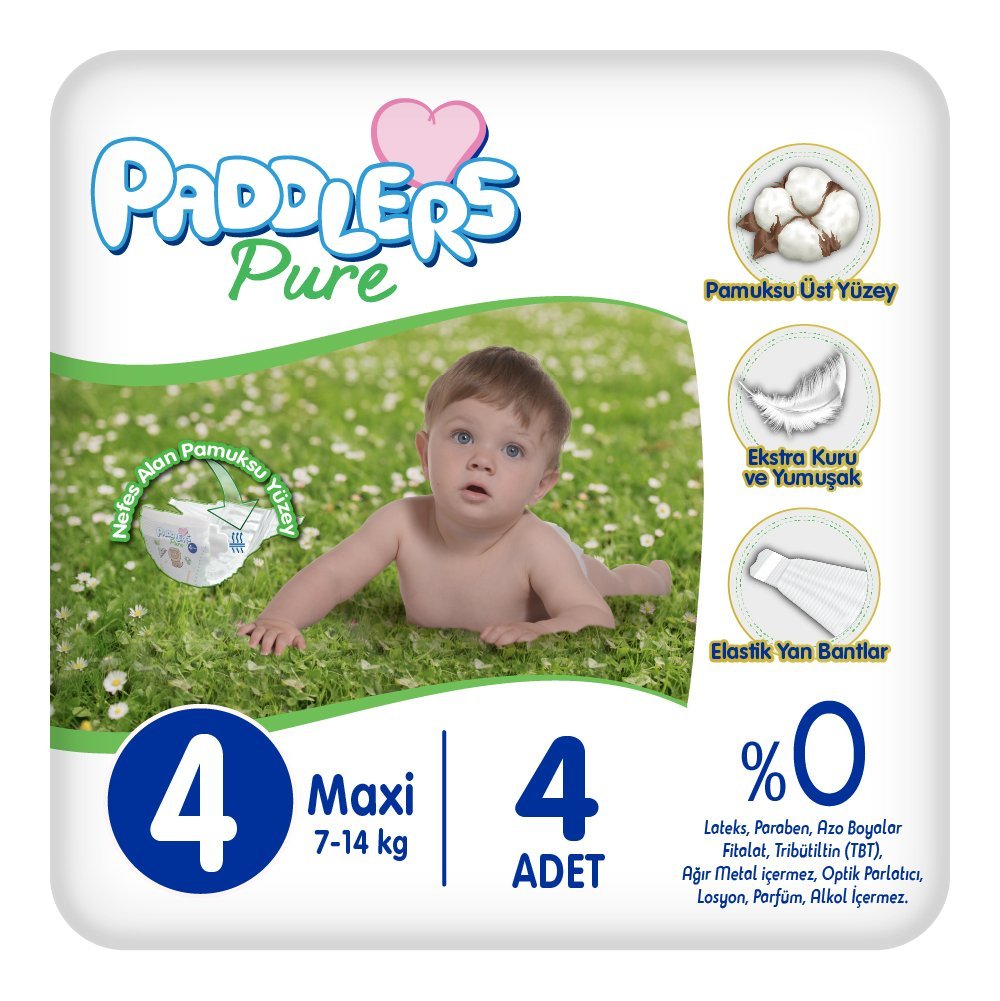 Paddlers Pure Bebek Bezi 4 numara Maxi 4 Adet ( 7-14 kg ) Deneme Paketi