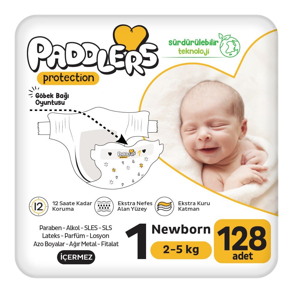 Paddlers Protection Bebek Bezi 1 Numara Yenidoğan 128 Adet (2-5 Kg) 2'li Jumbo Set