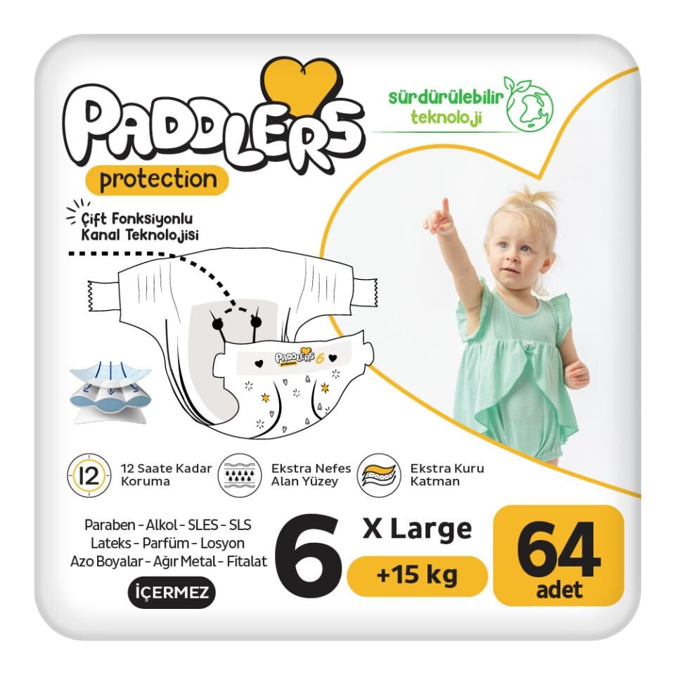 Paddlers Protection Bebek Bezi 6 Numara X-Large 64 Adet (15+Kg) 2'li Jumbo Set