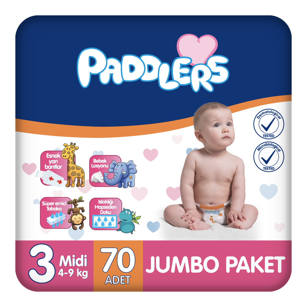 Paddlers Bebek bezi 3 Numara Midi 70 Adet (4-9 Kg) Jumbo Paket