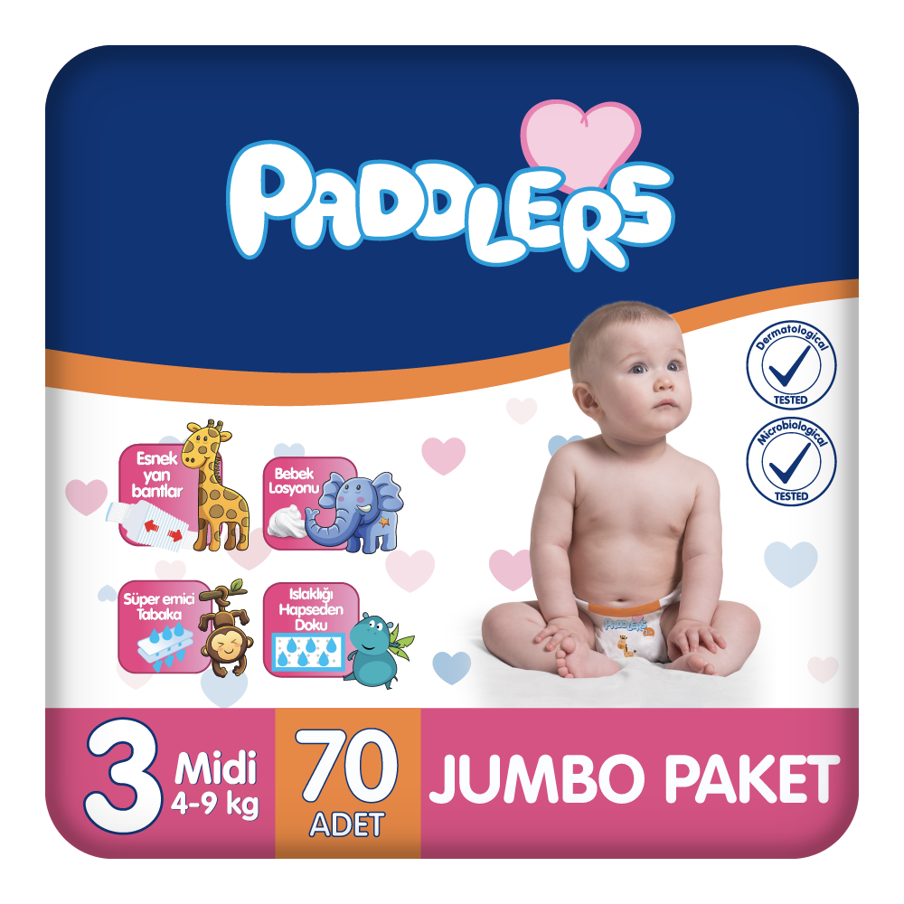 Paddlers Bebek bezi 3 Numara Midi 70 Adet (4-9 Kg) Jumbo Paket