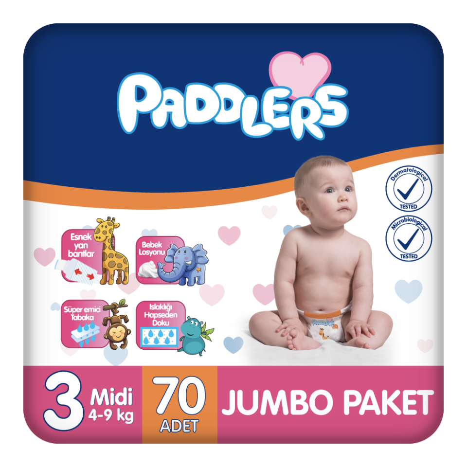 Paddlers Bebek bezi 3 Numara Midi 70 Adet (4-9 Kg) Jumbo Paket