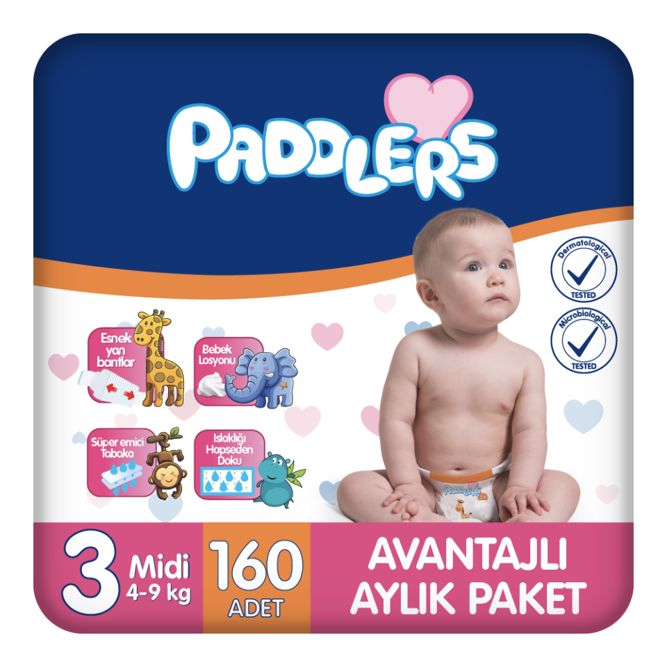Paddlers Bebek Bezi 3 Numara Midi 160 Adet (4-9 Kg) Aylık Paket