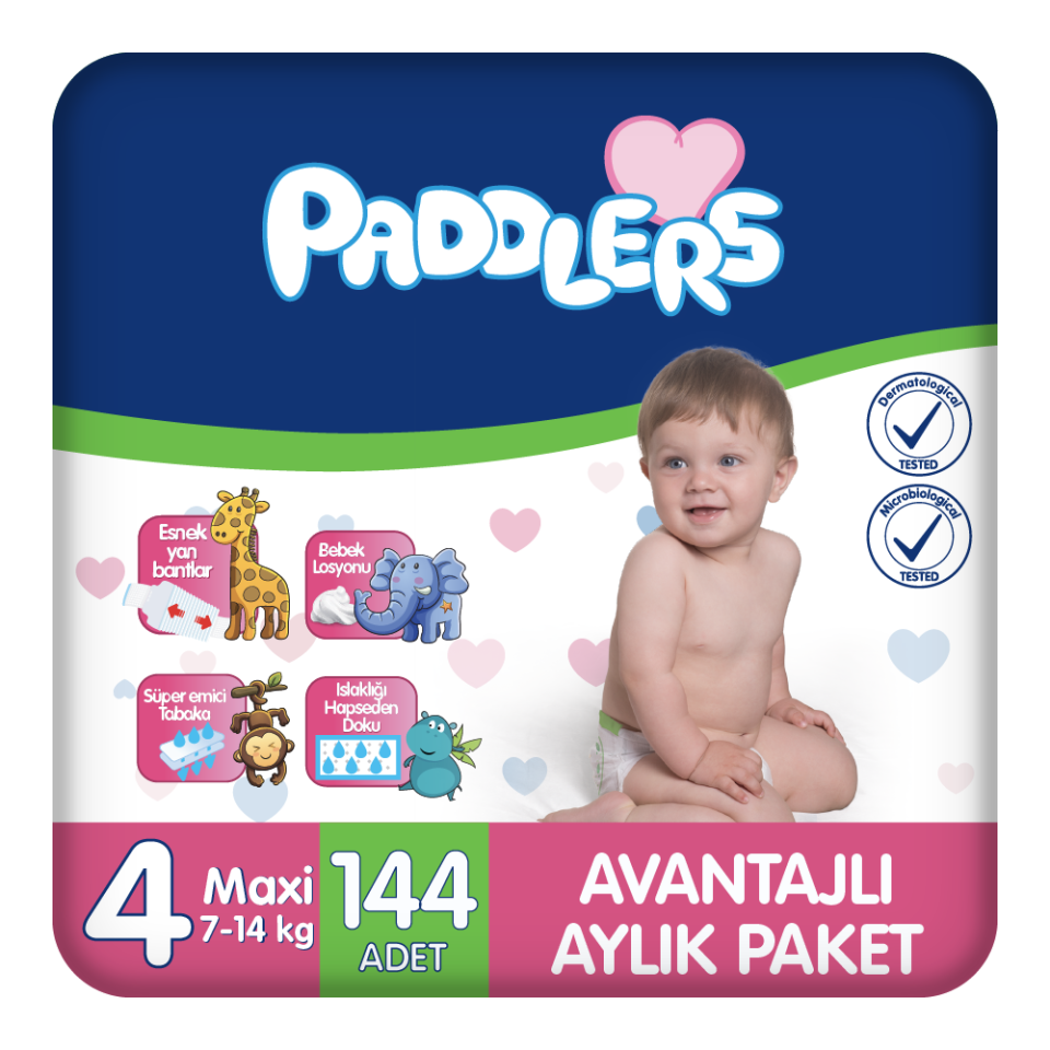 Paddlers Bebek Bezi 4 Numara Maxi 144 Adet (7-14 Kg) Aylık Paket