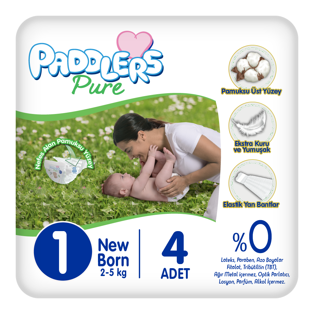 Paddlers Pure Bebek Bezi 1 Numara Yenidoğan 4 Adet (2-5 Kg) Deneme Paketi