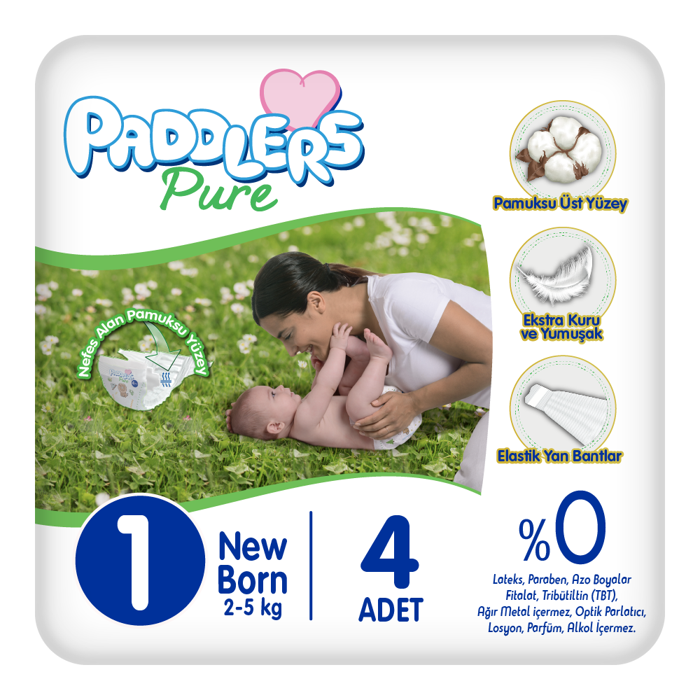 Paddlers Pure Bebek Bezi 1 Numara Yenidoğan 4 Adet (2-5 Kg) Deneme Paketi