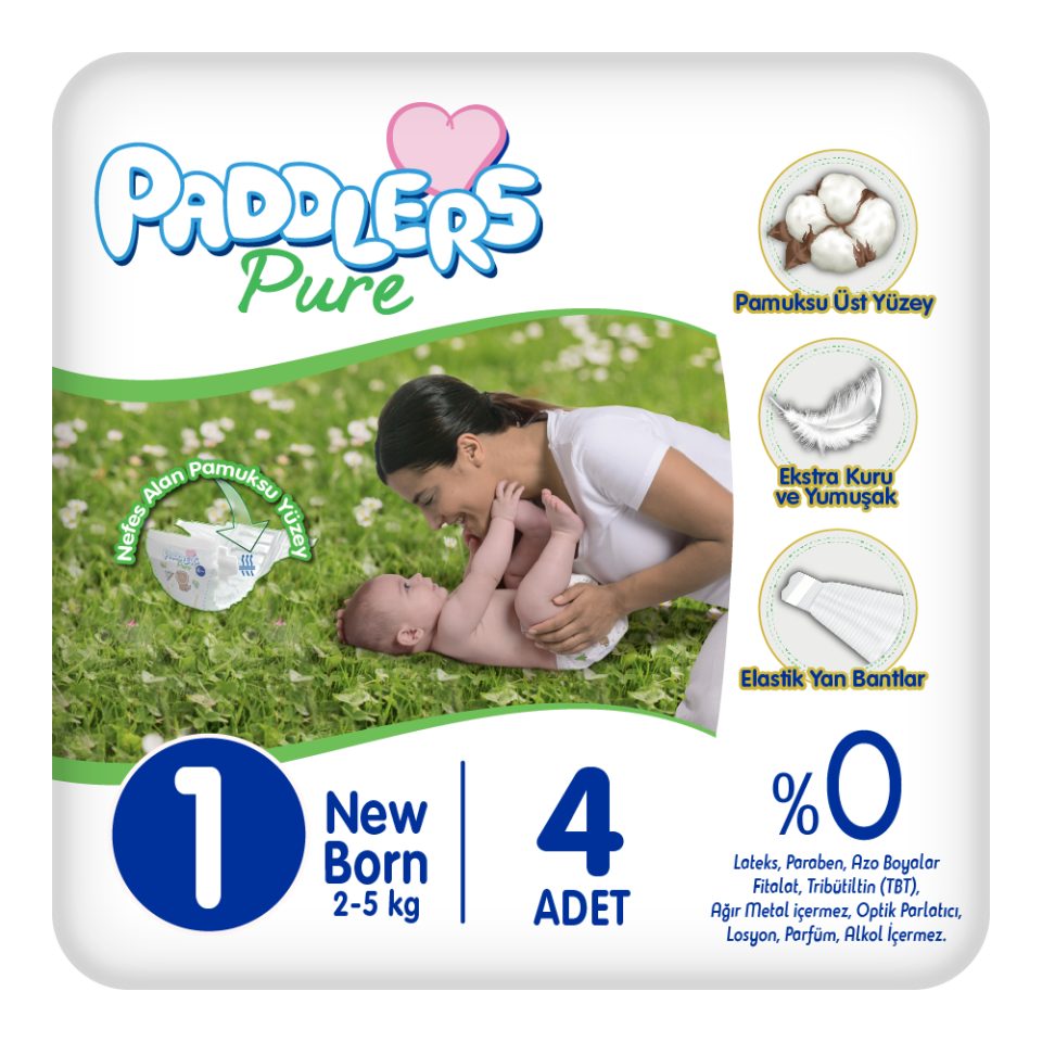 Paddlers Pure Bebek Bezi 1 Numara Yenidoğan 4 Adet (2-5 Kg) Deneme Paketi