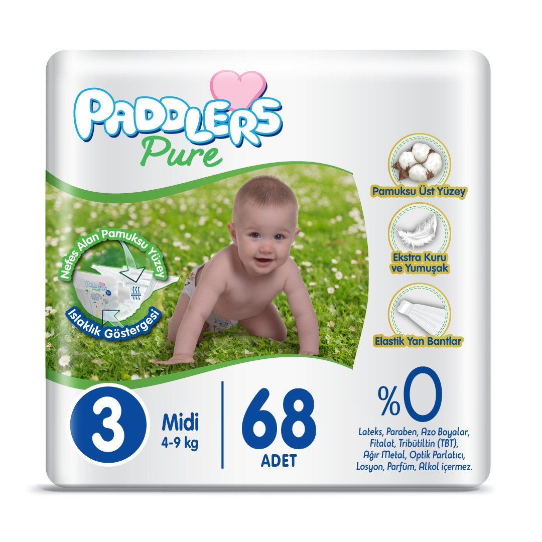 Paddlers Pure Bebek Bezi 3 Numara Midi 68 Adet (4-9 Kg) Jumbo Paket