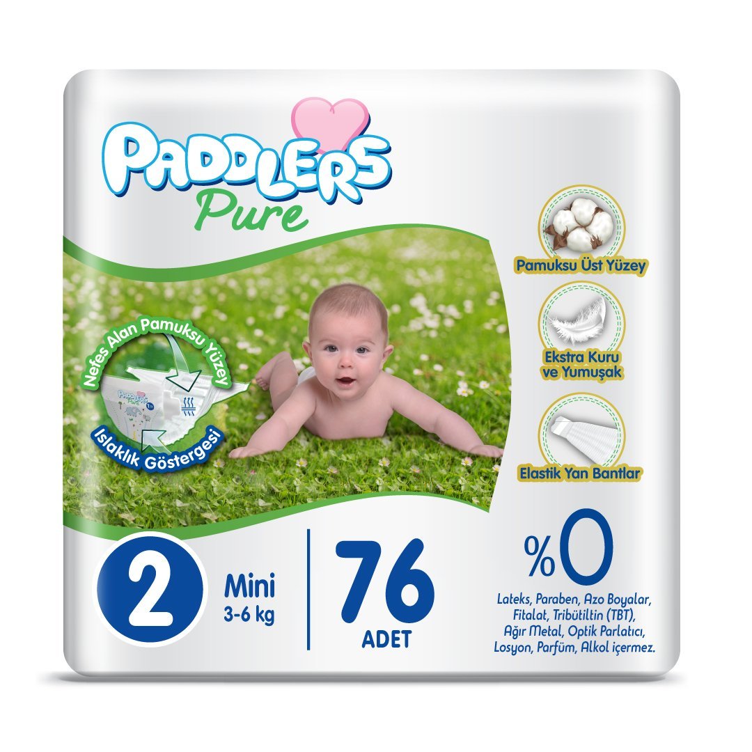 Paddlers Pure Bebek Bezi 2 Numara Mini 76 Adet (3-6 Kg) Jumbo Paket