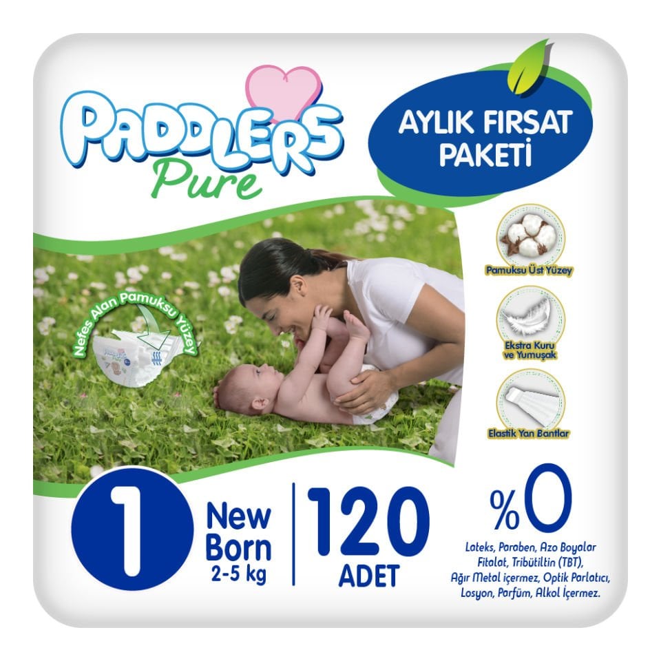 Paddlers Pure Bebek Bezi 1 Numara Yenidoğan 120 Adet (2-5 Kg) Aylık Fırsat Paketi