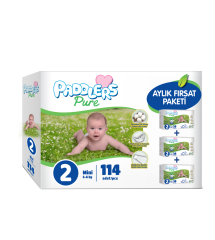 Paddlers Pure Bebek Bezi 2 Numara Mini 114 Adet (3-6 Kg) Aylık Fırsat Paketi