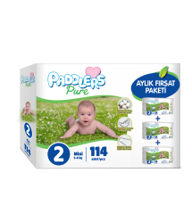 Paddlers Pure Bebek Bezi 2 Numara Mini 114 Adet (3-6 Kg) Aylık Fırsat Paketi