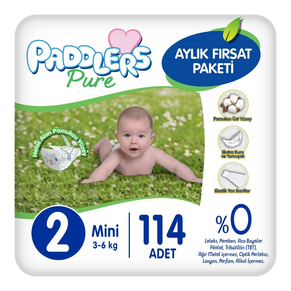 Paddlers Pure Bebek Bezi 2 Numara Mini 114 Adet (3-6 Kg) Aylık Fırsat Paketi