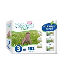 Paddlers Pure Bebek Bezi 3 Numara Midi 102 Adet (4-9 Kg)  Aylık Fırsat Paketi