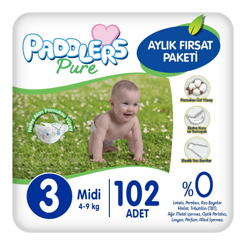 Paddlers Pure Bebek Bezi 3 Numara Midi 102 Adet (4-9 Kg)  Aylık Fırsat Paketi