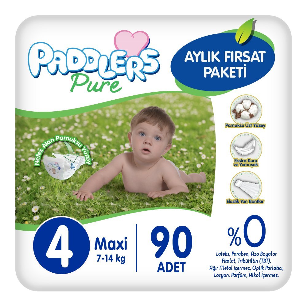 Paddlers Pure Bebek Bezi 4 Numara Maxi 90 Adet (7-14 Kg)  Aylık Fırsat Paketi