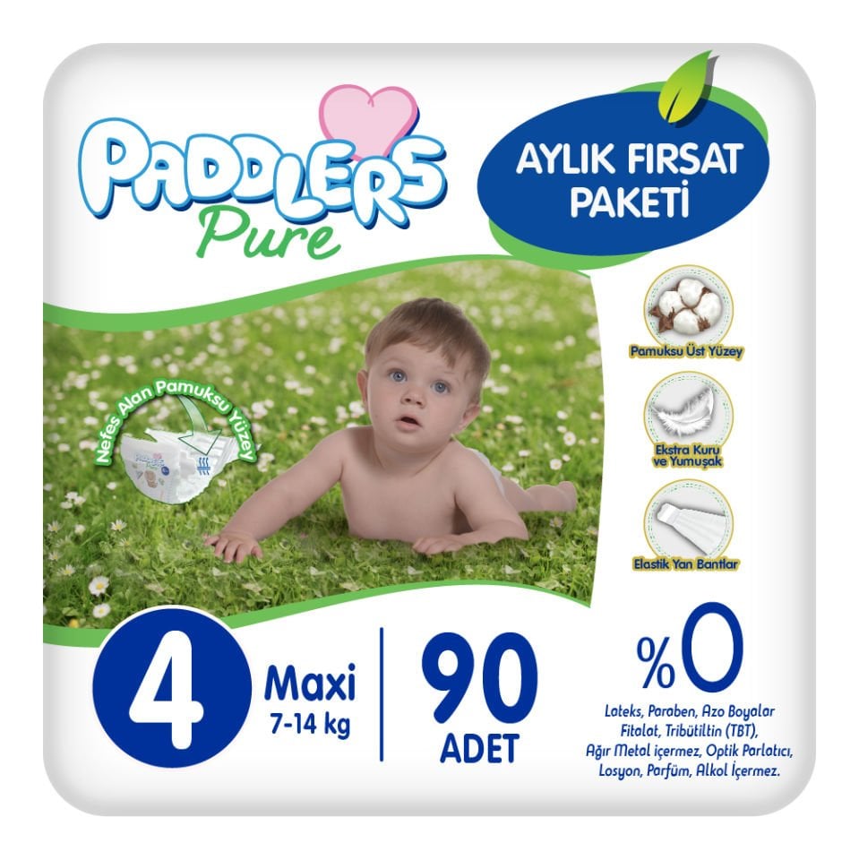 Paddlers Pure Bebek Bezi 4 Numara Maxi 90 Adet (7-14 Kg)  Aylık Fırsat Paketi