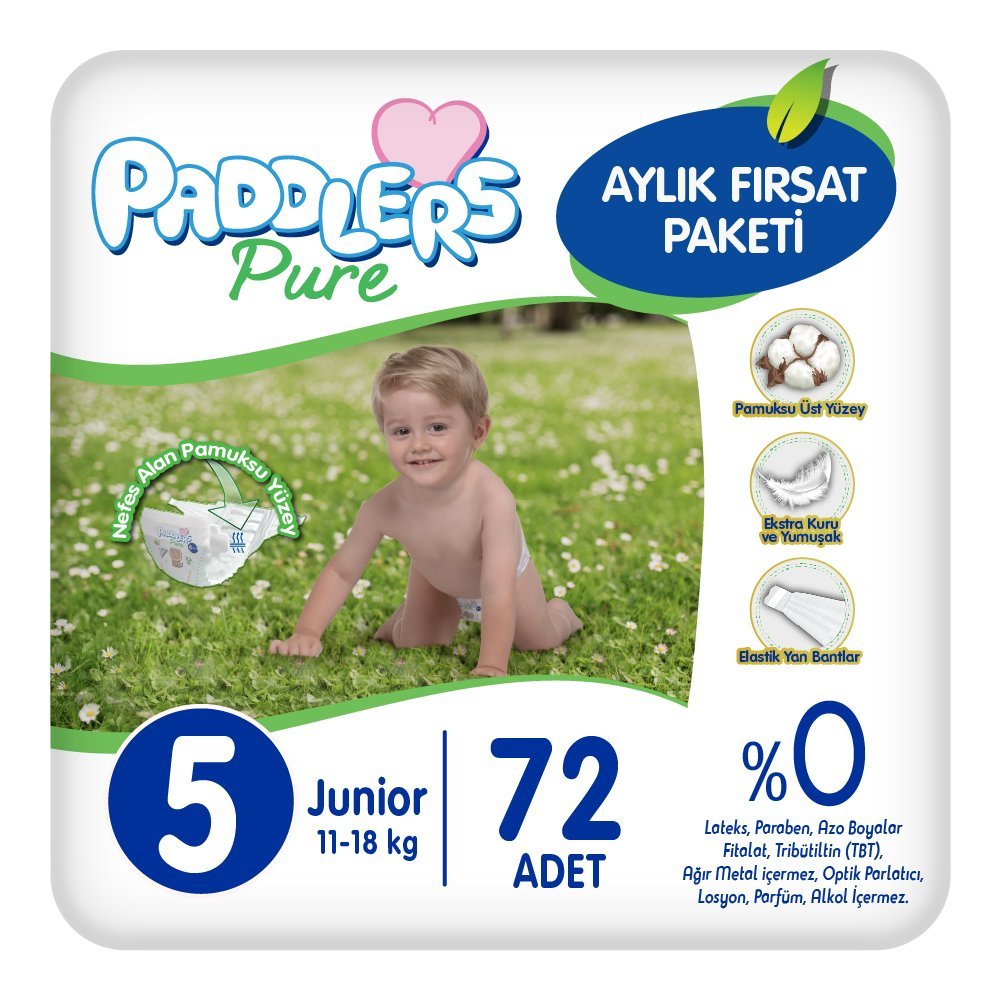 Paddlers Pure Bebek Bezi 5 Numara Junior 72 Adet (11-18 Kg) Aylık Fırsat Paketi