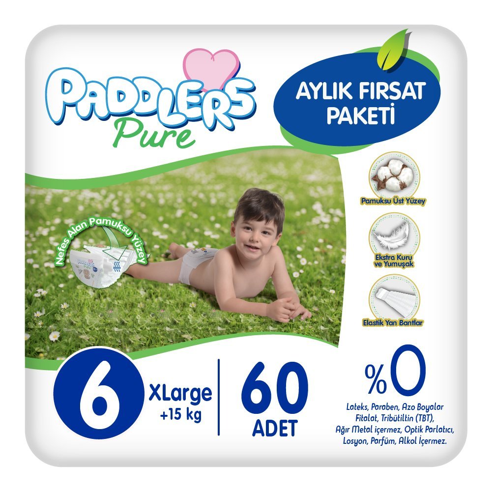 Paddlers Pure Bebek Bezi 6 Numara X-Large 60 Adet (15+ Kg) Aylık Fırsat Paketi
