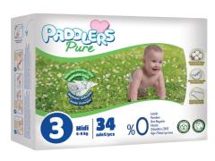 Paddlers Pure Bebek Bezi 3 Numara Midi 34 Adet (4-9 Kg) Eko Paket