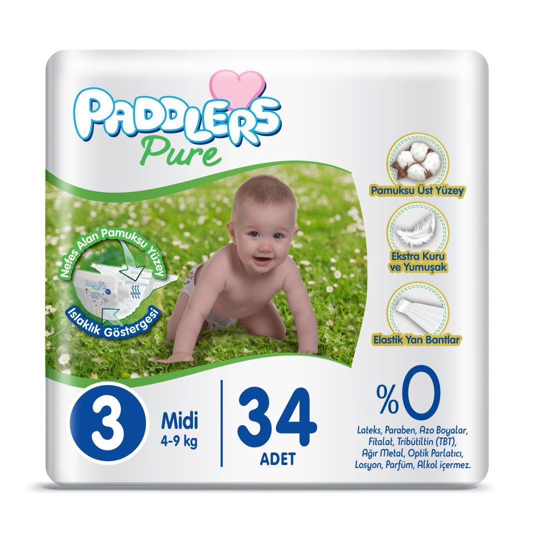 Paddlers Pure Bebek Bezi 3 Numara Midi 34 Adet (4-9 Kg) Eko Paket