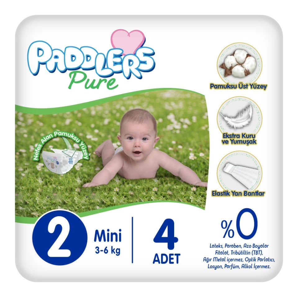 Paddlers Pure Bebek Bezi 2 Numara Mini 4 Adet (3-6 Kg)  Deneme Paketi
