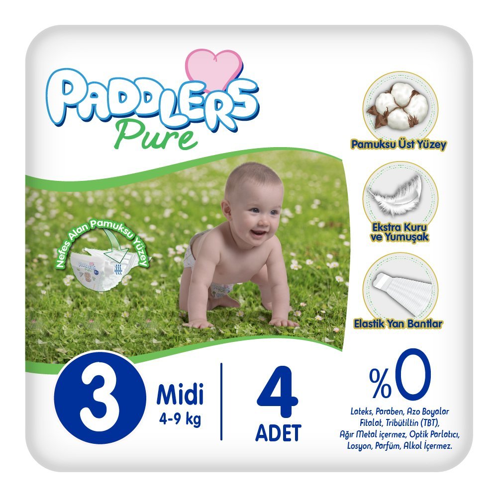 Paddlers Pure Bebek Bezi 3 Numara Midi 4 Adet ( 4-9 kg) Deneme Paketi
