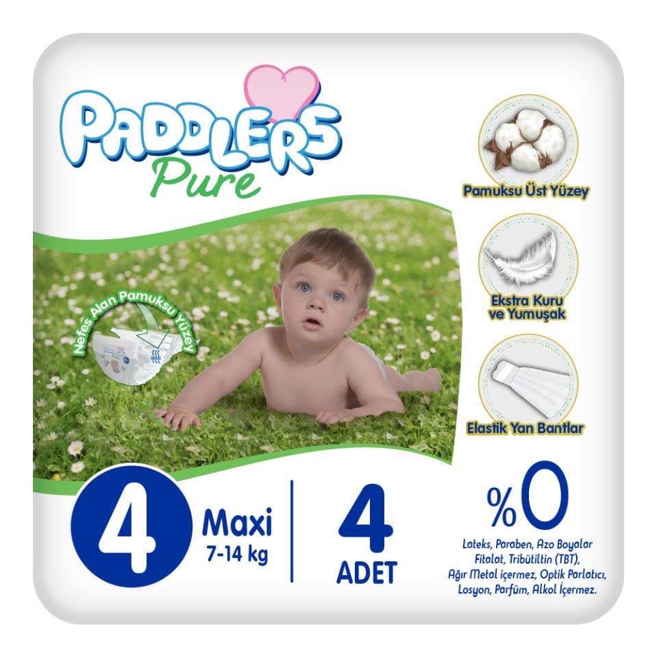 Paddlers Pure Bebek Bezi 4 numara Maxi 4 Adet ( 7-14 kg ) Deneme Paketi