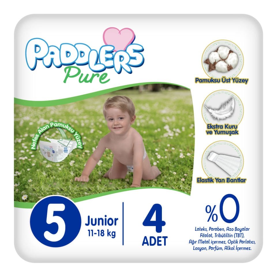 Paddlers Pure Bebek Bezi 5 Numara Junior 4 Adet (11-18 kg ) Deneme Paketi