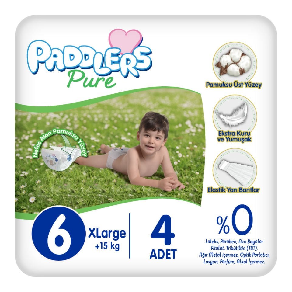 Paddlers Pure Bebek Bezi 6 Numara X-Large 4 Adet ( 15 + kg ) Deneme Paketi