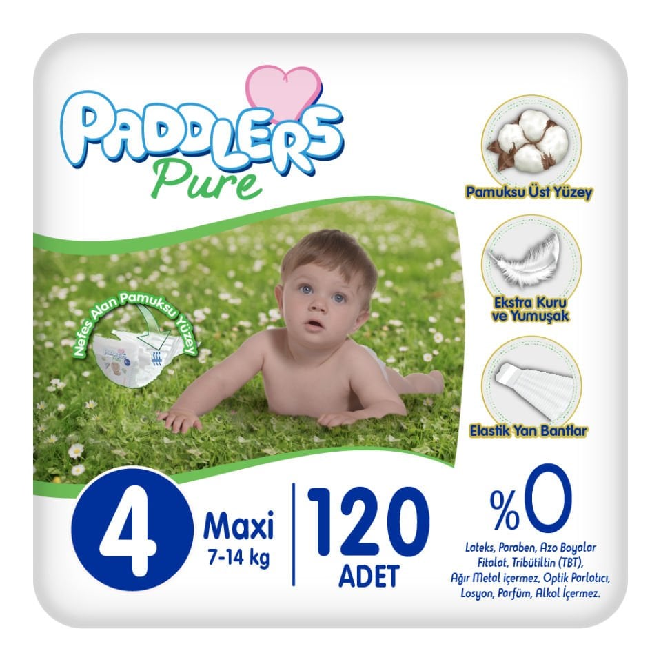 Paddlers Pure Bebek Bezi 4 numara Maxi 120 Adet ( 7-14 kg ) Süper Fırsat Paketi