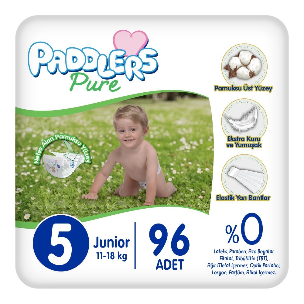 Paddlers Pure Bebek Bezi 5 numara Junior 96 Adet ( 11-18 ) kg ) Süper Fırsat Paketi