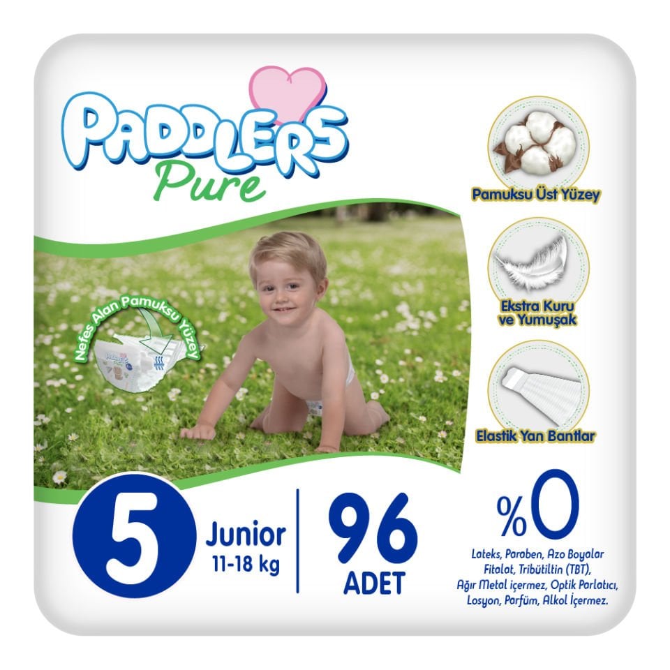 Paddlers Pure Bebek Bezi 5 numara Junior 96 Adet ( 11-18 ) kg ) Süper Fırsat Paketi