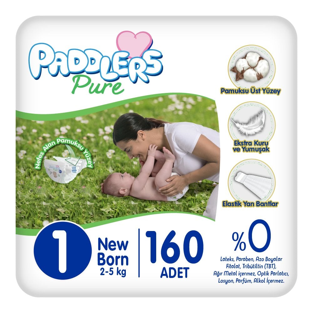 Paddlers Pure Bebek Bezi 1 numara Yenidoğan 160 Adet ( 2-5 kg ) Süper Fırsat Paketi