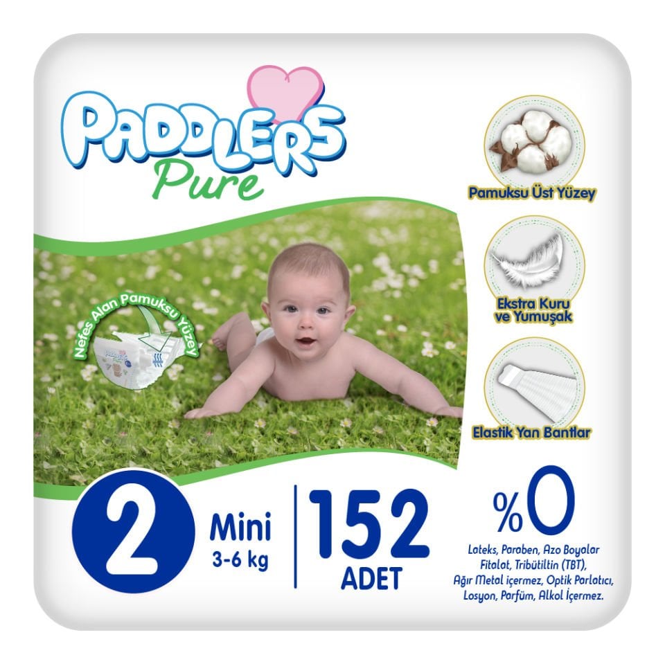 Paddlers Pure Bebek Bezi 2 Numara Mini 152 Adet ( 3-6 kg ) Süper Fırsat Paketi