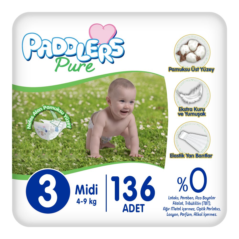 Paddlers Pure Bebek Bezi 3 Numara Midi 136 Adet (4-9 kg) Süper Fırsat Paketi