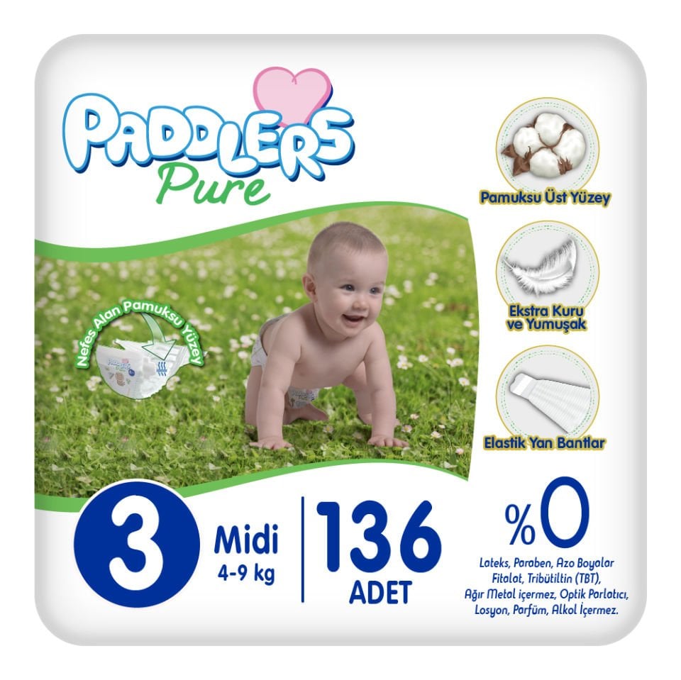 Paddlers Pure Bebek Bezi 3 Numara Midi 136 Adet (4-9 kg) Süper Fırsat Paketi