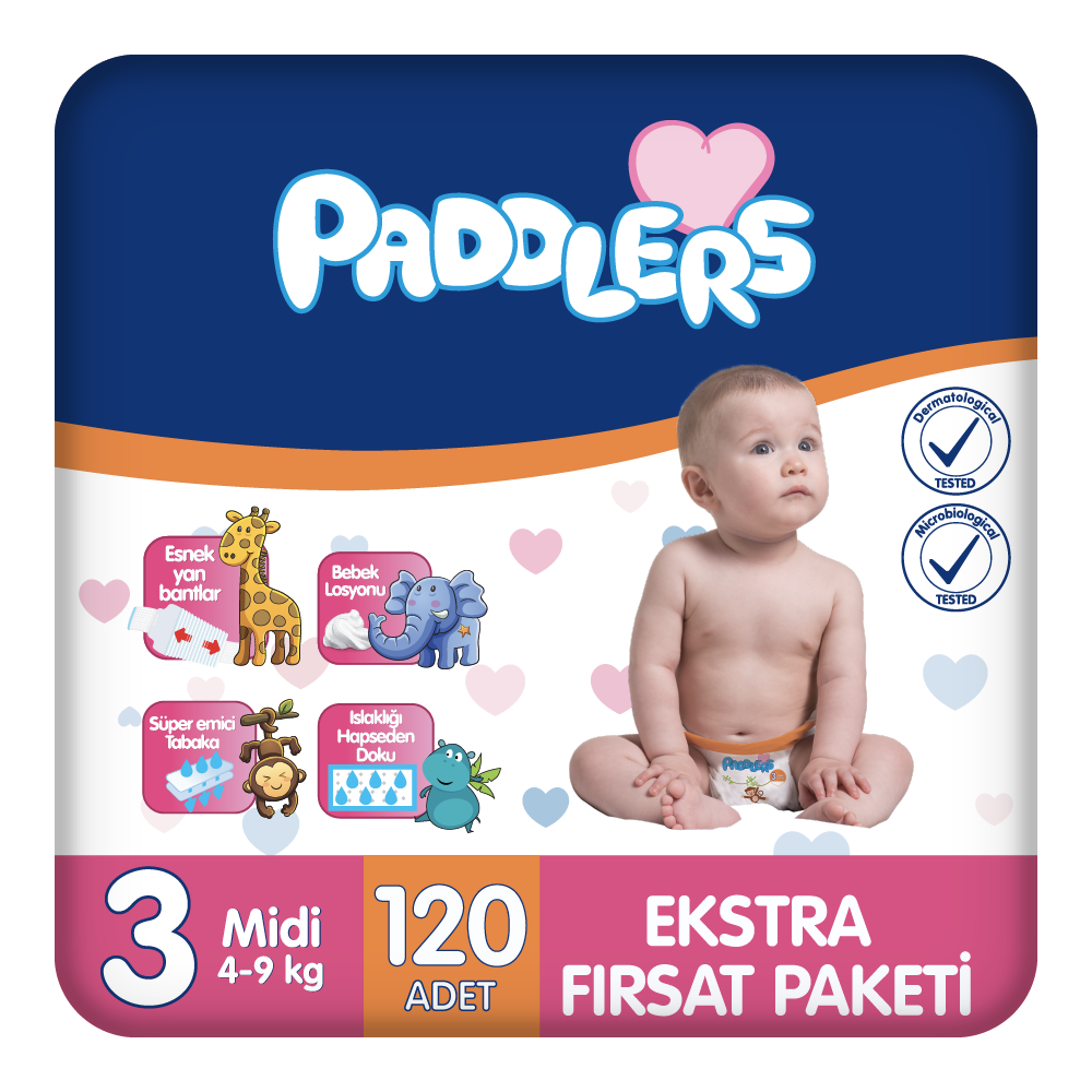 Paddlers Bebek Bezi 3 Numara Midi 120  Adet (4-9 Kg)Ekstra Fırsat Paketi