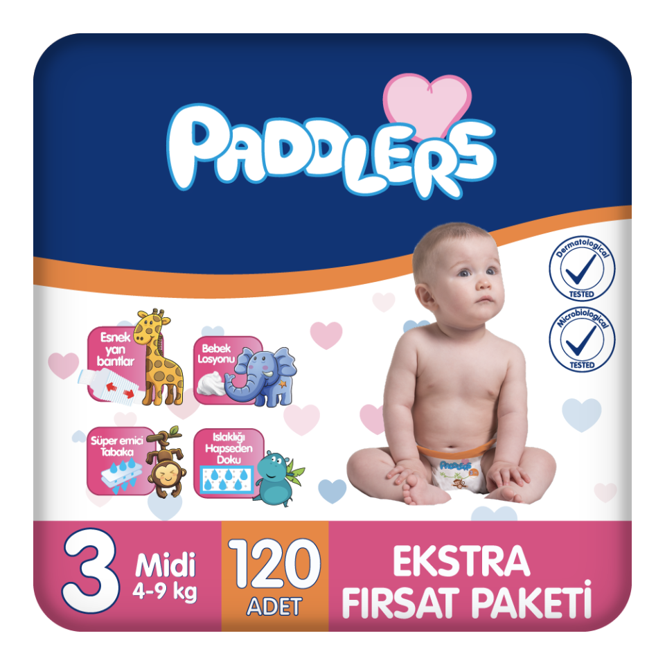 Paddlers Bebek Bezi 3 Numara Midi 120  Adet (4-9 Kg)Ekstra Fırsat Paketi