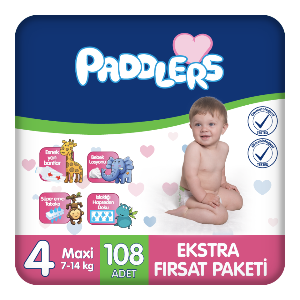 Paddlers Bebek Bezi 4 Numara Maxi 108 Adet (7-14 Kg) Ekstra Fırsat Paketi