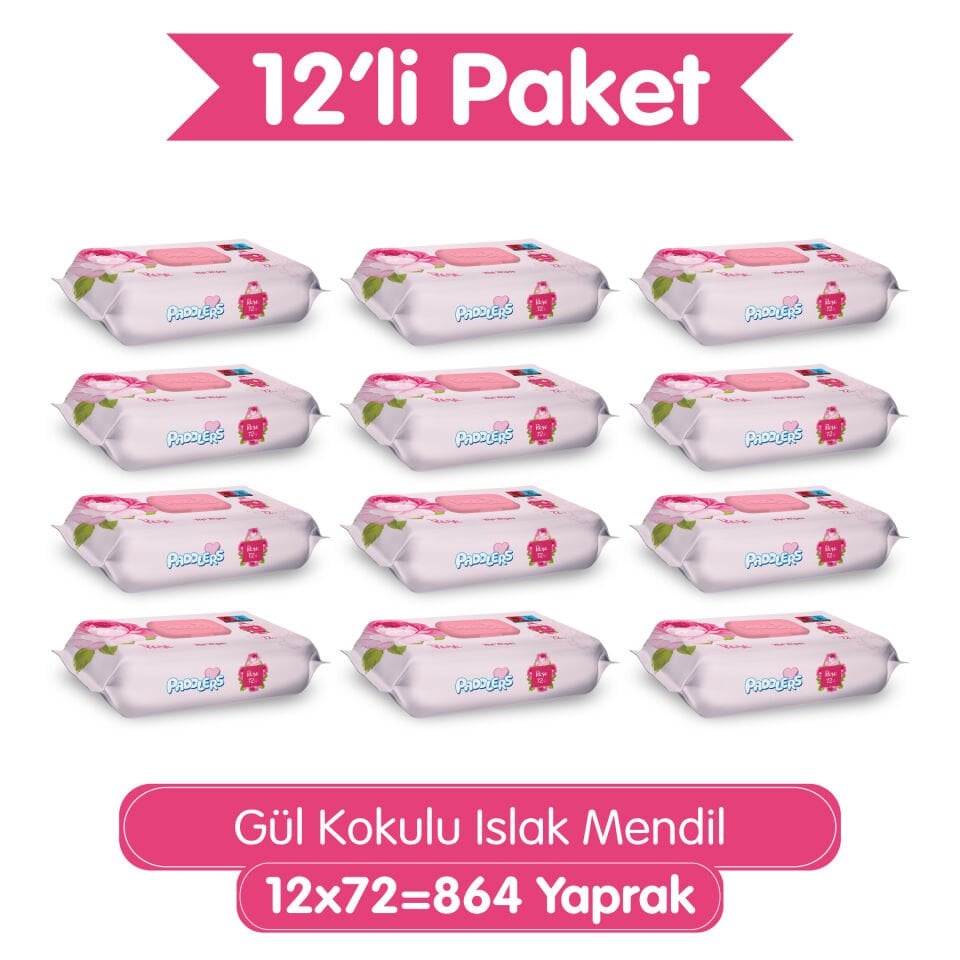 Paddlers Gül Kokulu Islak Mendil 12x72 li Koli (864 Yaprak)