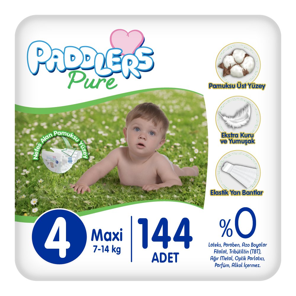 Paddlers Pure Bebek Bezi 4 Numara Maxi 144 Adet (7-14 Kg) Ekstra Aylık Paket