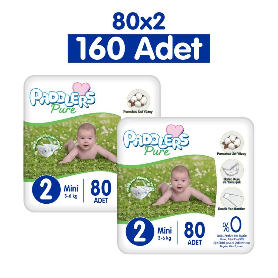 Paddlers Pure Bebek Bezi 2 Numara Mini 160 Adet 2'li Jumbo Set