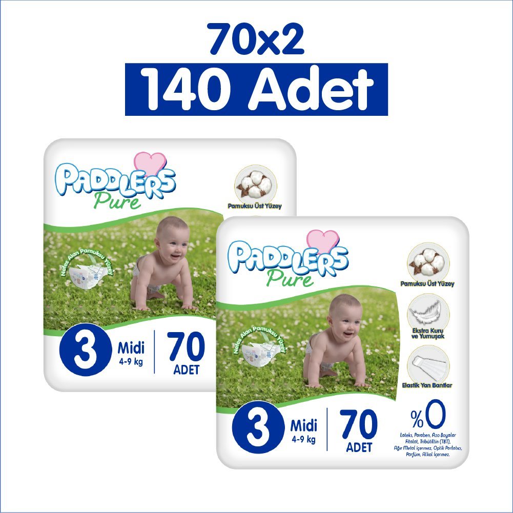 Paddlers Pure Bebek Bezi 3 Numara Midi 140 Adet 2'li Jumbo Set