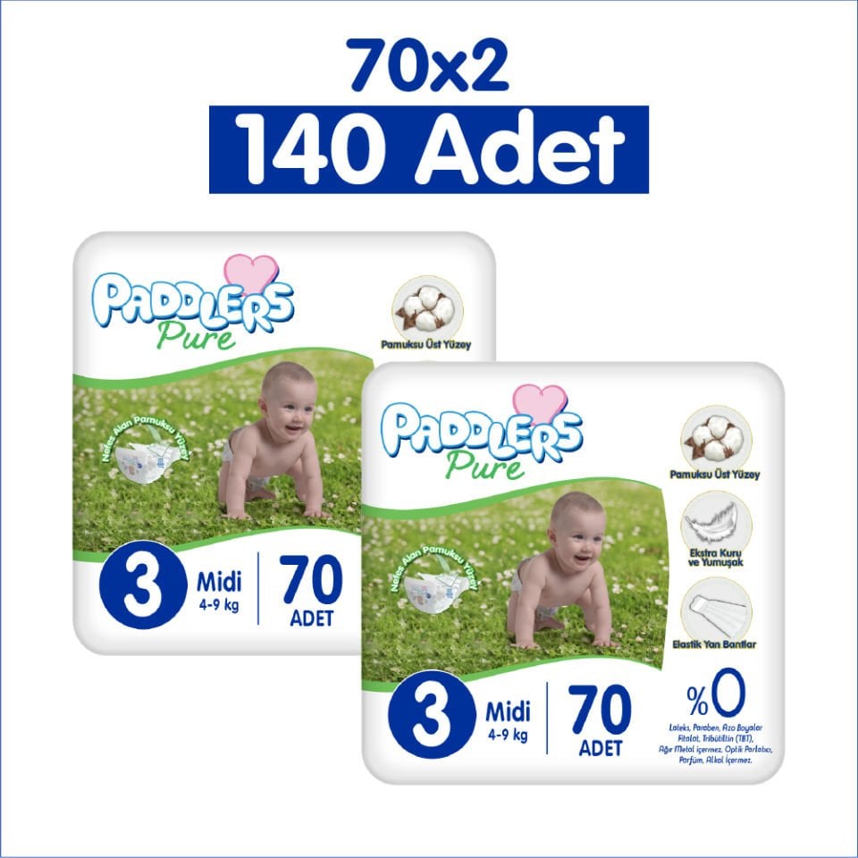 Paddlers Pure Bebek Bezi 3 Numara Midi 140 Adet 2'li Jumbo Set