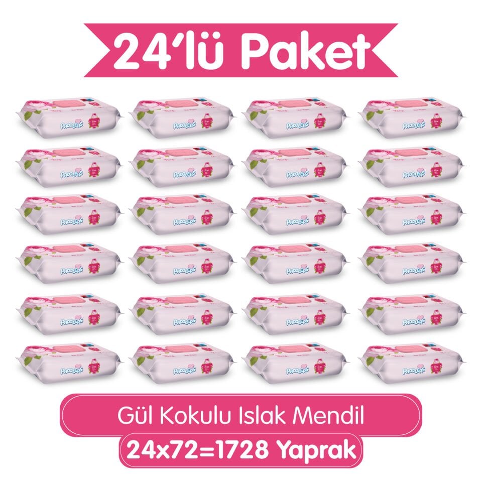 Paddlers Gül Kokulu Islak Mendil 24x72 li Koli (1728 Yaprak)