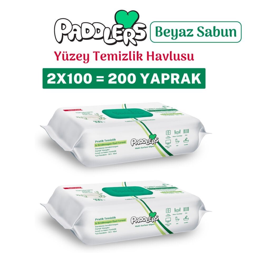 Paddlers Easy Clean Beyaz Sabun Katkılı Yüzey Temizlik Havlusu 2x100 (200 Yaprak)