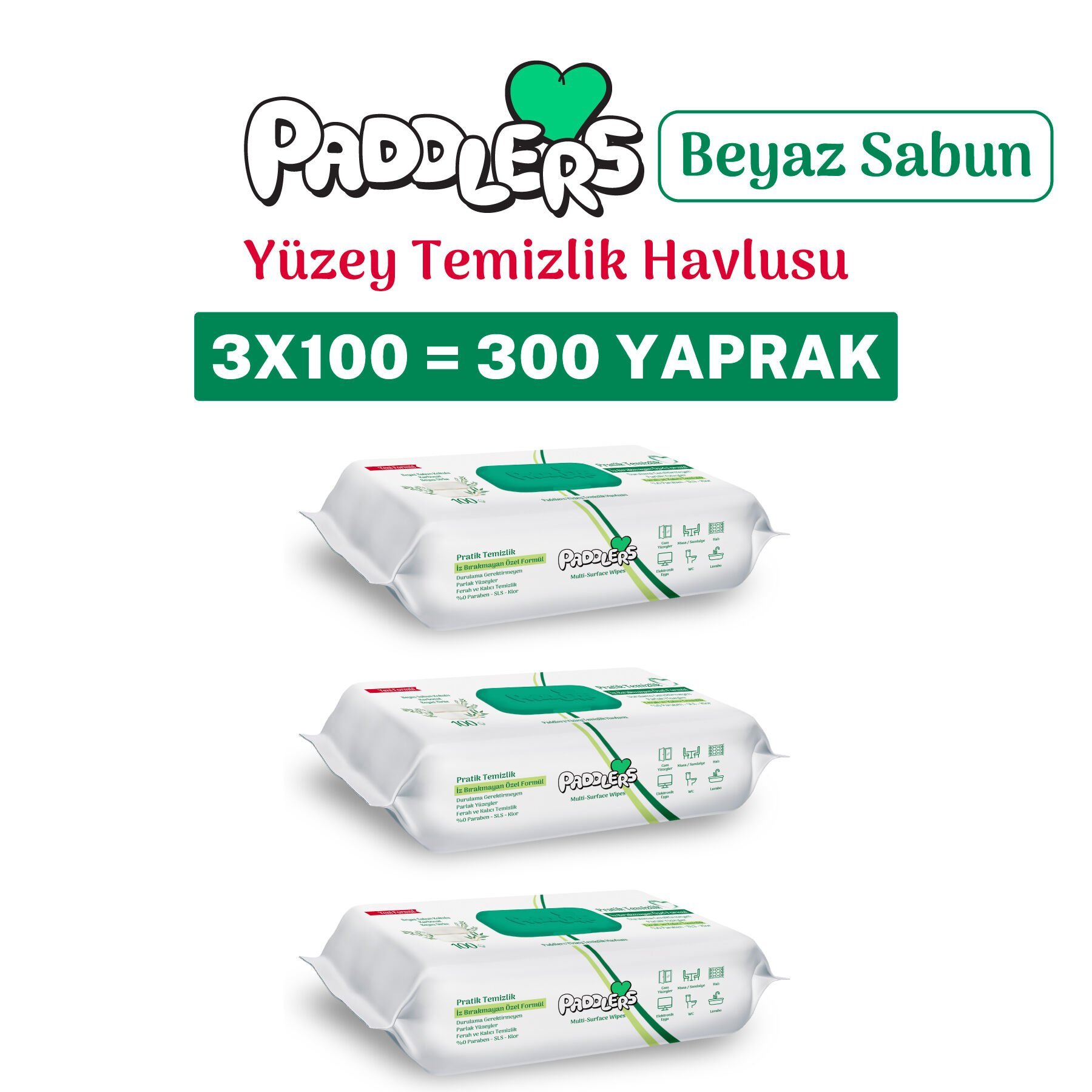 Paddlers Easy Clean Beyaz Sabun Katkılı Yüzey Temizlik Havlusu 3x100 (300 Yaprak)