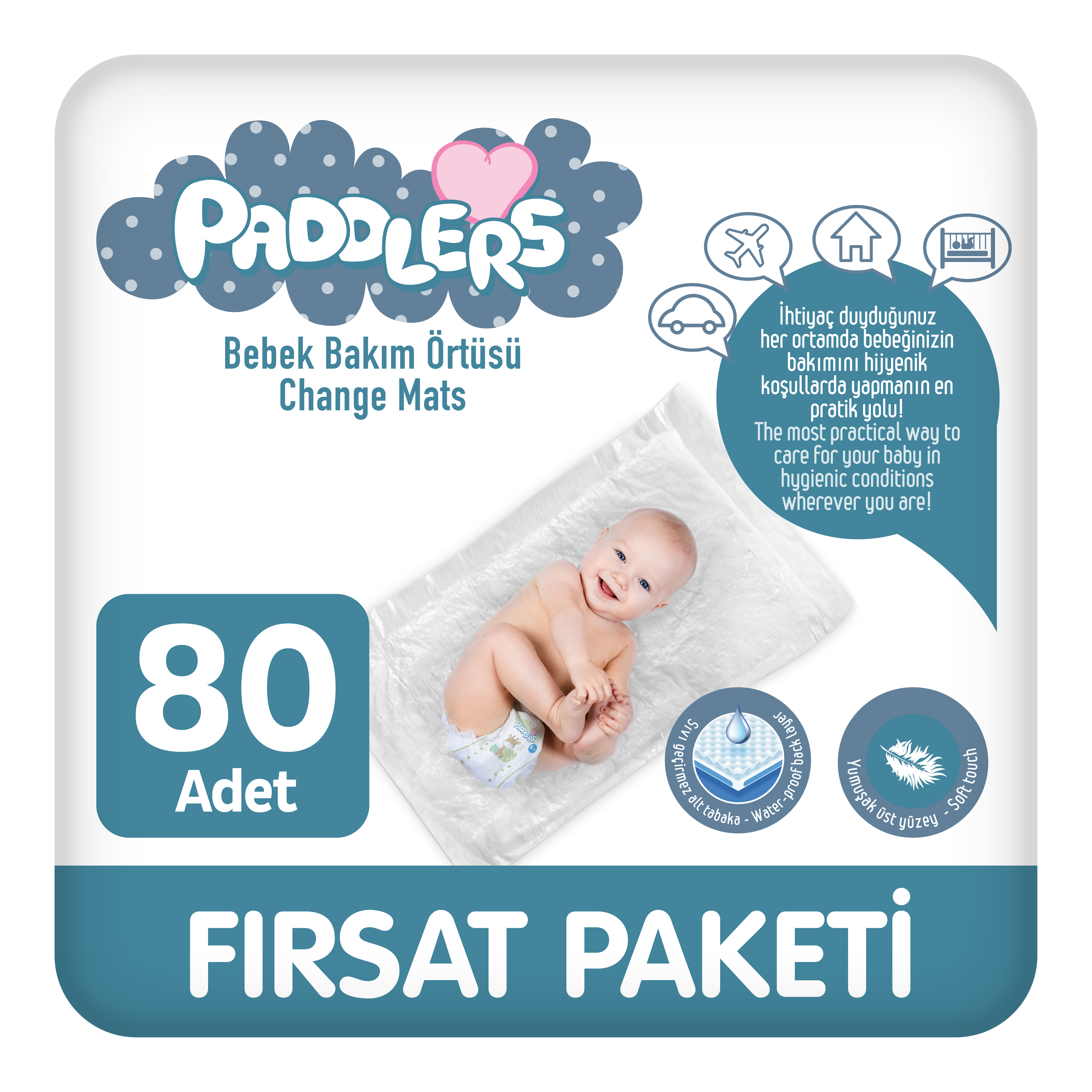 Paddlers 8x10 80 Adet Bebek Bakım Örtüsü  (60X60 Boyutunda)